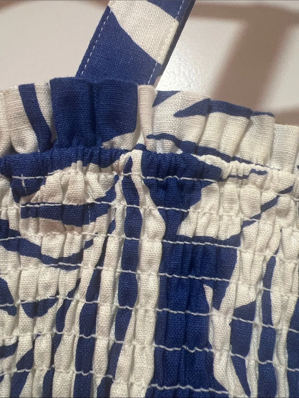 kate spade Blue and White Smocked Tropical Jumpsuit